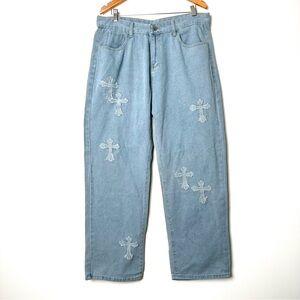 Y2K 90’s Grunge Baggy Light Wash Embroidered Cross High Rise Denim Jeans